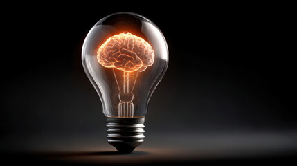 Light bulb with a brain glowing inside it represents creativity and innovation in a dark setting Generative AI