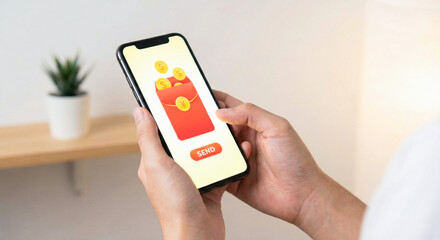 Person holds a smartphone displaying a digital red envelope payment interface with coins and a send button, symbolizing mobile transfers and wallet transactions.