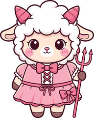 Pink sheep in devil costume, cute cartoon character with trident, playful mischievous pose, fantasy icon, flat vector illustration