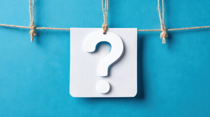 White question mark hanging on string in front of blue background during bright daytime Generative AI