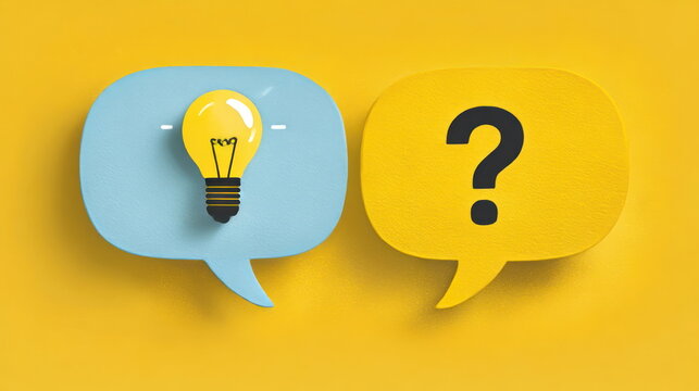 Light bulb and question mark showing ideas and inquiries in a graphic design layout on a bright background Generative AI