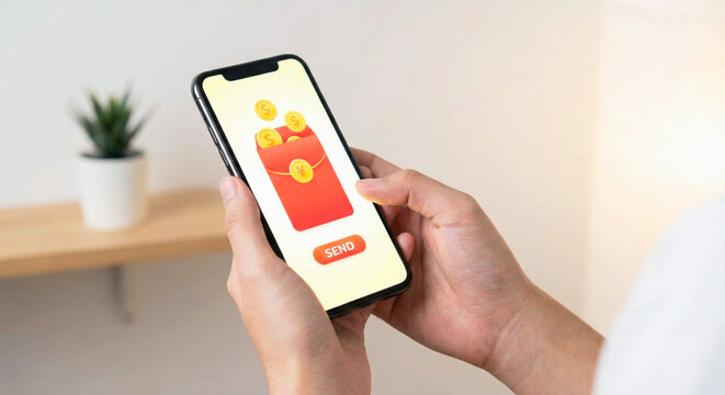 Person holds a smartphone displaying a digital red envelope payment interface with coins and a send button, symbolizing mobile transfers and wallet transactions.