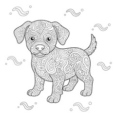 Intricate Puppy Coloring Page – Detailed Swirl Pattern Dog Line Art
