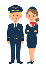Cartoon pilot and flight attendant standing together in uniforms