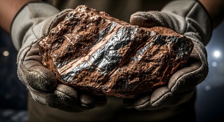 Gloved hands holding a rock sample with metallic vein, mining concept.