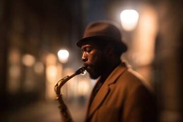 Saxophonist plays soulful melodies in dimly lit street, evoking
