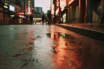 City street captured from low angle, reflecting vibrant neon lig