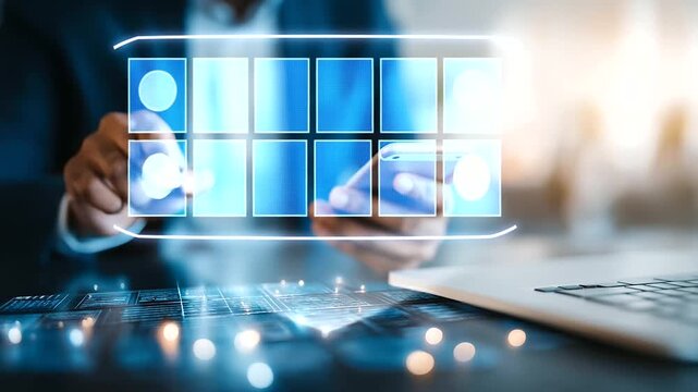 Faceless businessman connecting tech devices to each other with digital network 3D rendering visualization technology integration device connectivity IoT ecosystem with copy