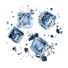 Obraz premium Four clear ice cubes with jagged edges scattered in a dynamic arrangement isolated on transparent background.
