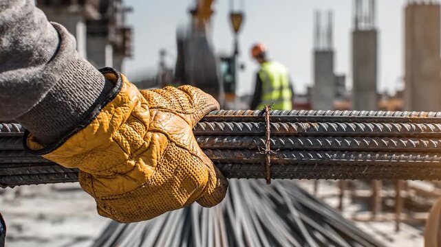 Construction worker hands holding steel rebar on active building site