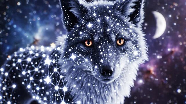 Celestial wolf with sparkling fur and glowing stars against a mysterious cosmic background