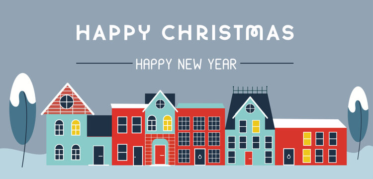 Merry Christmas and Happy New Year web banner illu stration of cute houses in winter season. Holiday city at night with pine trees, snow, xmas lights decoration greeting card design.