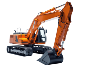 Orange Excavator Construction Vehicle with Tracks and Bucket on Black Background heavy machinery