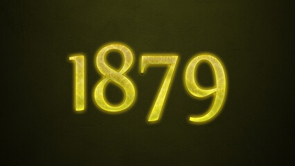 Neon glowing yellow number of 1879 on dark background.	