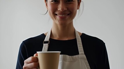 Smiling barista holds coffee cup in cafe during the morning