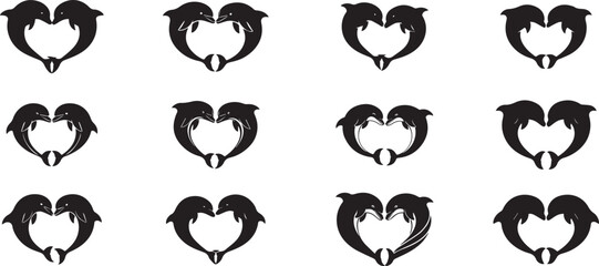Stylized graphic vector illustration of two black dolphin silhouettes forming a perfect heart shape, symbolizing love, marine life, and connection, on a clean white background, ideal for romantic
