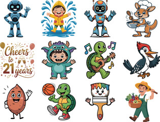 Fototapeta premium Cute cartoon child in monster costume and happy turtle playing music
