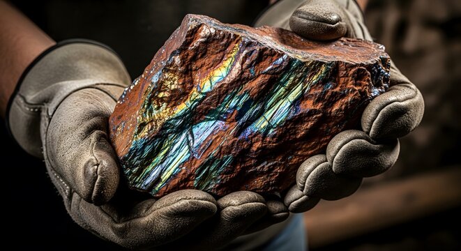 Miner holds iridescent Bornite rock specimen in gloved hands, close-up.