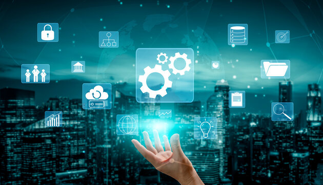 A concept of business operations and enterprise system integration. The components of a company including security, data, and cloud infrastructure. Motif