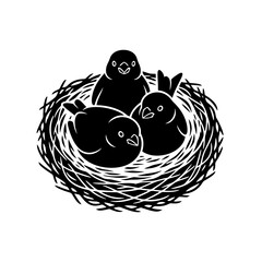 Abstract nest with curled sleeping birds in shades of blue