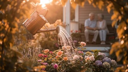 Golden hour couple waters blooming flowers in serene garden