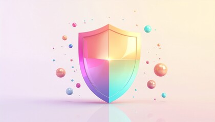 Colorful shield with floating circles represents safety and protection in abstract design and digital art