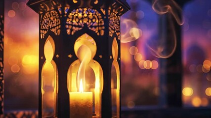 An intricate metal lantern with a lit candle set against a blurred city skyline at dusk with warm out-of-focus lights
