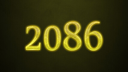 Neon glowing yellow number of 2086 on dark background.	