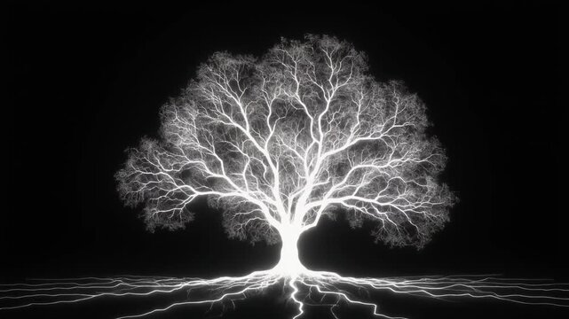 Growth of a Luminous White Tree with Expanding Roots and Branches on Black Background