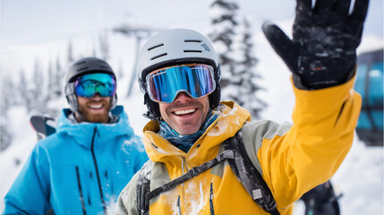 Close-up skiers high-fiving after successful run, joyful camaraderie moment, WINTEROUTDOORP5BRIEF, no logo, no text, DSLR 85mm f/2 ISO260