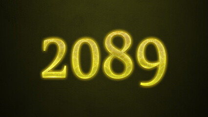 Neon glowing yellow number of 2089 on dark background.	