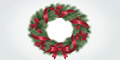 Christmas wreath with red ribbon bow and holly berry decoration isolated on white background for the holiday season