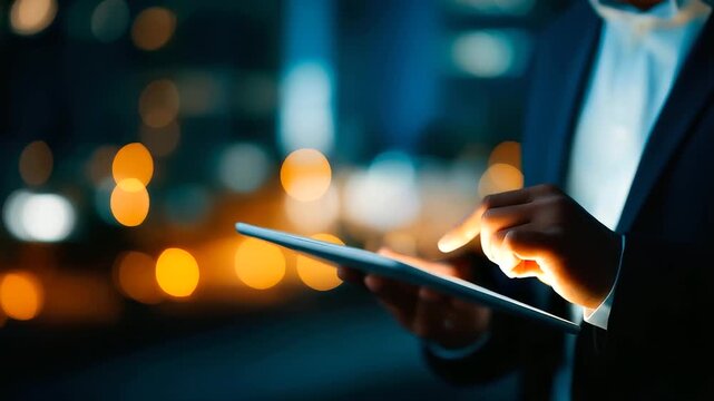World tablet and overlay with faceless business person using AI or UX interface to access metaverse of data digital future information global network working on 3D hologram with
