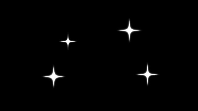 sparkling stars animation, white cartoon blinking stars, Twinkle light stars sparkling, flat vector doodle sparkle, glowing light trails, 2D shining twinkle effect on black screen background. 4k