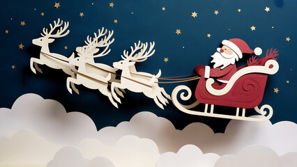 paper cut 3d christmas scene of santa sleigh and reindeer above clouds