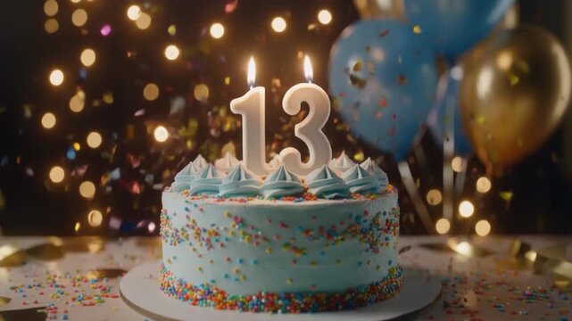 A festive blue birthday cake with number 13 candles, colorful sprinkles, balloons, and sparkling bokeh lights creating a joyful celebration atmosphere.