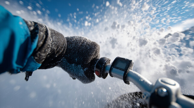 Close-up snowmobile throttle being pushed, adrenaline moment, POV style sensation, 