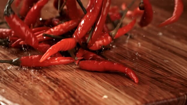 Pickled chili peppers fall onto a cutting board. Filmed on a high-speed camera at 1000 fps. High quality FullHD footage