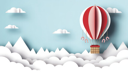 paper cut 3d christmas hot air balloon scene with clouds and mountains