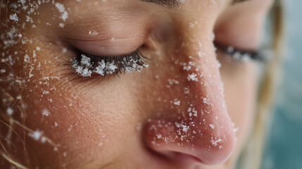 Close-up slow-motion snowflakes melting on eyelashes, peaceful emotional winter portrait,