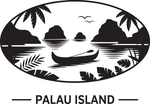 Palau island tropical landscape silhouette design featuring palm trees rock islands and canoe on ocean water.