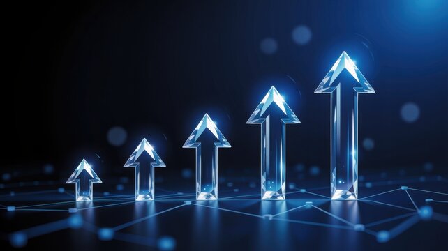 Crystal arrows pointing upwards, symbolizing growth and progress against a dark background, representing business success.