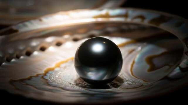 Elegant Black Pearl Inside Abalone Shell Shimmering Under Spotlight - Close-Up Macro Still Life
