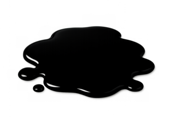 Dark black crude oil or ink spilling and forming a glossy puddle, featuring a transparent background