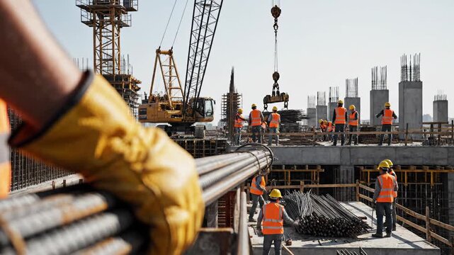 Worker hand in safety glove holding rebar at an active construction site with cranes and building frames during daytime