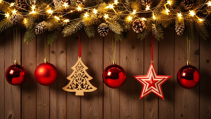 Rustic Wooden Wall with Hanging Christmas Ornaments and Pine Cones Keywords: Christmas, ornaments, pine cones, hanging, rustic, wooden, wall, decoration, festive