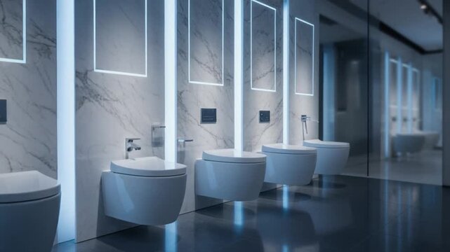 Modern showroom featuring a row of sleek wall-mounted toilets with marble accents and cool ambient lighting in a high-end bathroom design space.