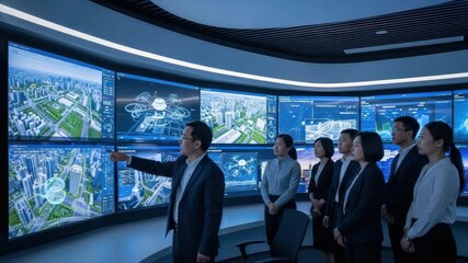 A group of people listens as a man points to displays with city maps and data in a control room - Powered by Adobe