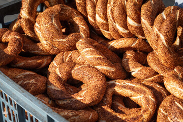 Simit with sesame seeds popular street food in Turkey