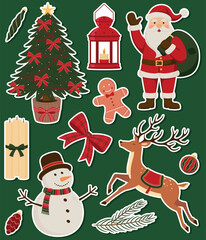 Vector season sticker pack. Christmas festive symbols and design elements - Christmas tree, lantern, Santa Claus, candles, gingerbread cookie, bow, snowman, reindeer, spruce branch and tree ornaments.